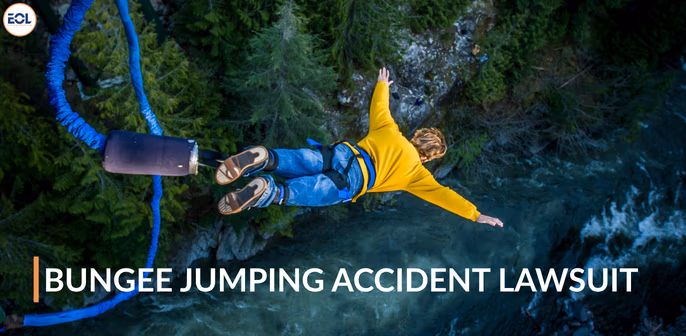 Person bungee jumping above a river, with text overlay "Bungee Jumping Accident Lawsuit," emphasizing the risks of bungee jumping and the importance of safety measures.
