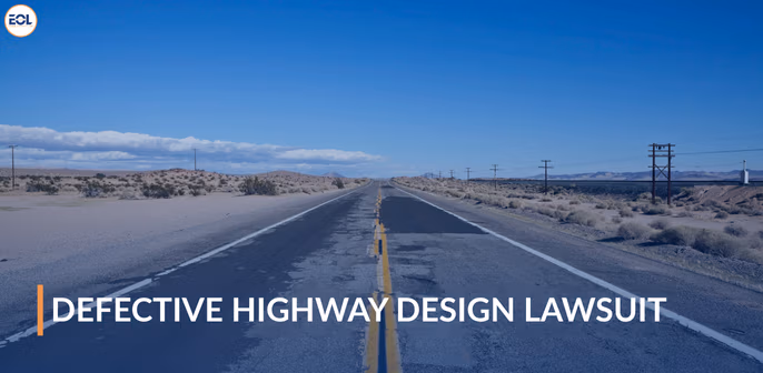 Desert highway with visible road defects and text overlay reading "Defective Highway Design Lawsuit," illustrating the risks associated with poor road design and maintenance.