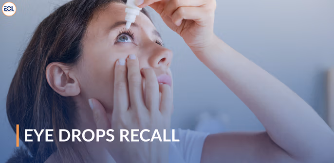Woman applying eye drops with text overlay "Eye Drops Recall," relevant to the FDA recall of Equate, CVS Health, and AACE Pharmaceuticals eye ointments.