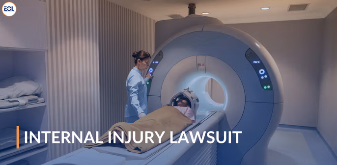 Patient undergoing MRI scan for internal injuries, with medical professional assisting, related to internal injury lawsuit.