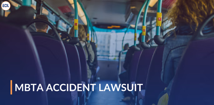 Interior view of an MBTA bus showing empty seats and passengers, with text overlay "MBTA Accident Lawsuit," emphasizing legal action for injuries on Massachusetts Bay Transportation Authority vehicles.
