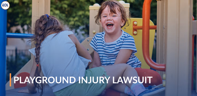 Children playing on a playground, one girl smiling and laughing, with text overlay "PLAYGROUND INJURY LAWSUIT," emphasizing the importance of legal action for playground-related injuries.