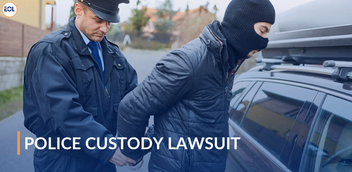 Police officer arresting a suspect in a police custody lawsuit context, with visible text "POLICE CUSTODY LAWSUIT."