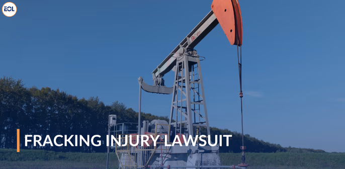 Fracking pump jack in a field with text overlay "Fracking Injury Lawsuit," highlighting the legal context of fracking-related health issues and property damage.