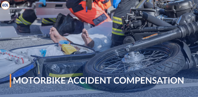 Motorbike accident scene with a motorcycle, emergency responders, and medical equipment, highlighting the theme of motorbike accident compensation.
