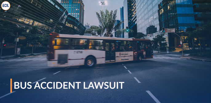 Bus turning at an intersection with text overlay "Bus Accident Lawsuit," highlighting legal implications of bus accidents in urban settings.