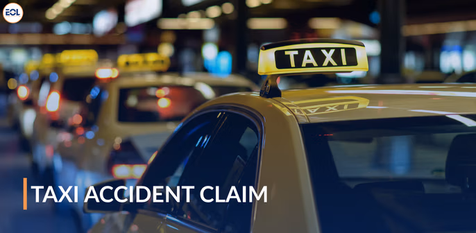 Taxi cab with illuminated "TAXI" sign, emphasizing taxi accident claim process in a busy urban setting.