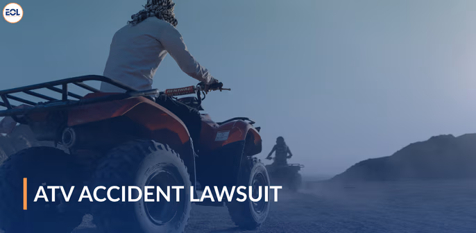 ATV riders in desert landscape with text overlay "ATV Accident Lawsuit," highlighting legal focus on off-road vehicle accidents.