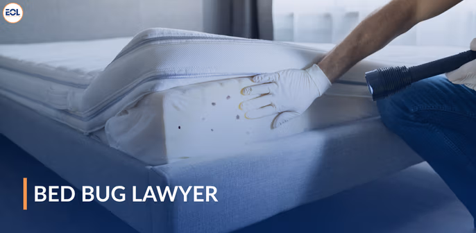 Person inspecting a mattress for bed bugs, wearing gloves and using a flashlight, with the text "BED BUG LAWYER" prominently displayed, emphasizing legal assistance for bed bug infestations in Pennsylvania.