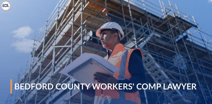 Construction worker in safety gear holding clipboard, with scaffolding in background, representing Bedford County workers' compensation legal services.