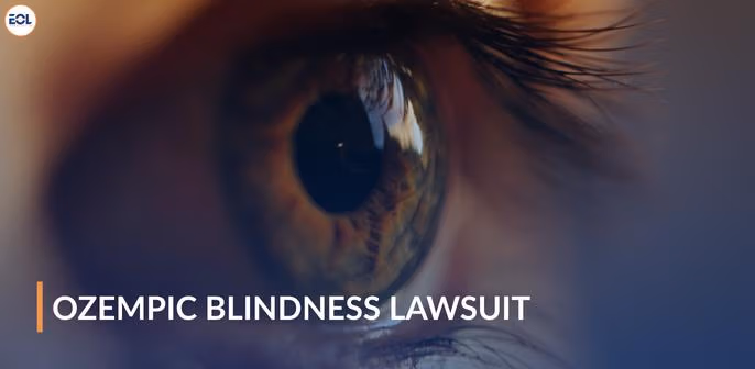Close-up of an eye with the text "Ozempic Blindness Lawsuit," emphasizing vision loss concerns related to Ozempic and similar medications.