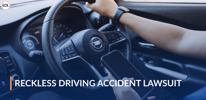 Person holding a smartphone while driving, with text overlay "Reckless Driving Accident Lawsuit," illustrating the dangers of distracted driving related to personal injury claims.