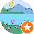 Illustration of a scenic landscape featuring mountains, a lake, and blooming pink flowers, with a sun in the sky and a star icon representing a review or rating.