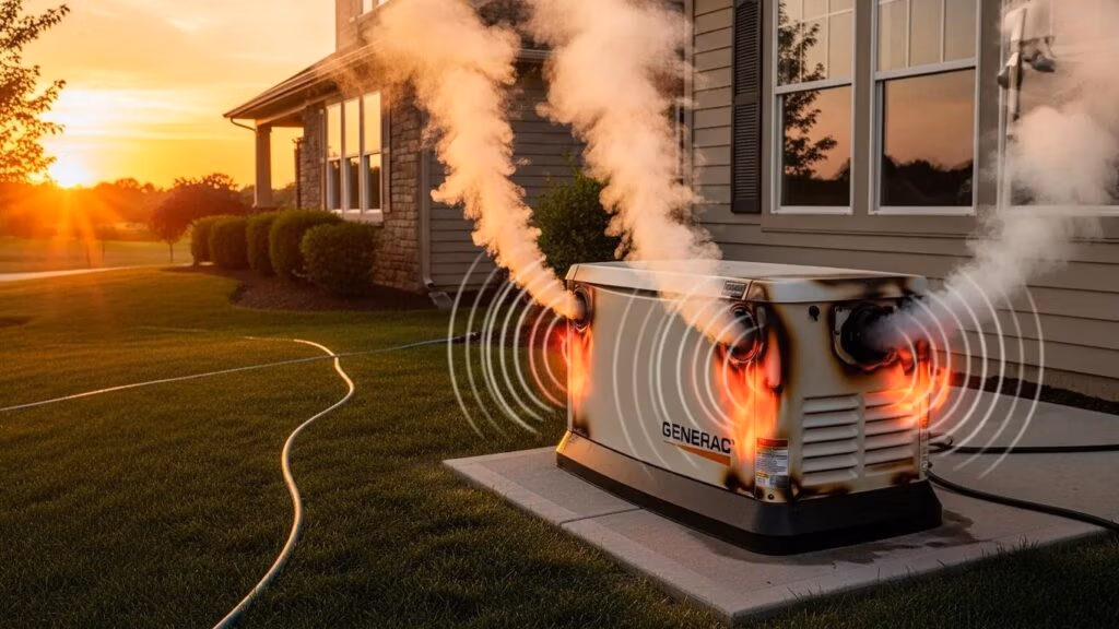 Generac generator showing signs of overheating and fire hazards in a residential setting