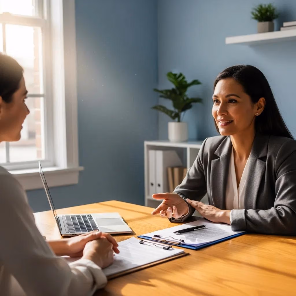 Legal advisor meeting with a client about support options